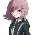  1girl black_jacket collared_shirt danganronpa_(series) danganronpa_2:_goodbye_despair galaga grin hair_ornament highres hood hood_down hooded_jacket jacket medium_hair nanami_chiaki neck_ribbon open_clothes open_jacket pink_eyes pink_ribbon ribbon shirt simple_background smile solo teeth two-tone_shirt ume_(uzjw7385) upper_body white_background 