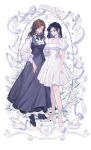  2girls arm_around_waist artist_name black_bow black_bowtie black_footwear black_hair black_skirt black_vest bow bowtie braces breasts brown_eyes brown_hair center_frills collared_shirt curly_hair dress dress_ribbon dress_shirt flower frills full_body hand_on_another&#039;s_hip highres leg_ribbon lily_(flower) long_hair long_skirt long_sleeves looking_at_viewer medium_dress medium_hair multiple_girls neck_ribbon puffy_long_sleeves puffy_short_sleeves puffy_sleeves randstrawberry reverse:1999 ribbon shirt short_sleeves skirt standing tooth_fairy_(reverse:1999) vest waistcoat white_background white_dress white_flower white_footwear white_ribbon white_shirt z_(reverse:1999) 