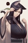 1girl 50x48x48 anger_vein animal_ear_fluff animal_ears bell black_hair bleach bleach:_sennen_kessen-hen blue_eyes blue_kimono breasts cat_ears cat_girl cat_tail closed_mouth commentary eyebrows eyelashes frown grey_background hair_over_shoulder hands_up haori highres huge_breasts japanese_clothes jingle_bell jitome kemonomimi_mode kimono long_hair long_sleeves looking_at_viewer nose parted_bangs paw_pose scar scar_on_chest simple_background solo speech_bubble spoken_anger_vein straight_hair tail twitter_username unamused unohana_retsu upper_body wide_sleeves