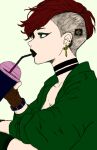  black_choker choker cup drinking_straw drinking_straw_in_mouth earrings green_eyes jewelry non-web_source original queenstewds redhead short_hair tagme 