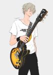  1boy bishounen black_pants character_request copyright_request cowboy_shot electric_guitar english_text grey_hair guitar highres instrument male_focus nikutabe_aikun pants shirt short_hair simple_background solo t-shirt white_background white_shirt 