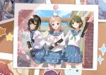  2024 3girls alternate_costume animal_on_head averting_eyes bird bird_on_head black_hair black_neckerchief blonde_hair blue_sailor_collar blue_skirt bulletin_board cherry_blossoms collaboration commentary_request debi_tarou doyagao falling_petals green_hair highres idolmaster idolmaster_shiny_colors ikaruga_luca kaiso_(kaisooekaki) light_brown_hair looking_at_viewer multicolored_hair multiple_girls nanakusa_nichika neckerchief on_head petals photo_(object) pigeon pink_neckerchief pleated_skirt sailor_collar sakuragi_mano school_uniform serafuku shirt skirt smug star_(symbol) streaked_hair uouokuma wanimaru white_shirt 