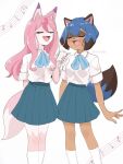  2girls :d animal_ears animal_nose artist_name black_hair blue_bow blue_bowtie blue_hair blue_skirt blush bow bowtie brand_new_animal breasts cellphone closed_mouth collared_shirt dark-skinned_female dark_skin earphones earphones eyelashes feet_out_of_frame fox_ears fox_girl fox_tail hair_between_eyes hair_over_shoulder highres hiwatashi_nazuna holding holding_phone kagemori_michiru multicolored_hair multiple_girls music musical_note nimono_(nimono9292) open_mouth phone pink_hair pleated_skirt raccoon_ears raccoon_girl raccoon_nose raccoon_tail school_uniform shared_earphones shirt short_hair short_sleeves side-by-side signature simple_background singing skirt small_breasts smartphone smile socks staff_(music) tail twitter_username two-tone_hair white_background white_shirt white_socks 