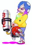  1girl absurdres blue_hair blue_pants cephalopod_eyes closed_mouth cross-laced_footwear eyelashes full_body gradient_hair gun highres holding holding_gun holding_weapon hydra_splatling_(splatoon) medium_hair multicolored_hair naito_gambo octoling_girl octoling_player_character pants pink_eyes pink_hair plump print_sweater red_footwear shoes simple_background smile solo splatoon_(series) splatoon_3 standing standing_on_one_leg sweater tentacle_hair thick_eyebrows two-tone_footwear two-tone_hair weapon white_background white_footwear yellow_sweater 