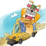  1boy blue_jumpsuit blue_sky brown_fur clouds dog dribble_(warioware) driving fangs furry furry_male jumpsuit official_art open_mouth sky takeuchi_kou taxi third-party_source warioware warioware:_get_it_together! 