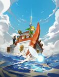  1girl 2boys afloat blonde_hair blue_sky boat clouds cloudy_sky fairy green_headwear green_tunic highres holding linebeck link male_focus master_sword multiple_boys navi ocean on_water outdoors pointy_ears sailing_ship sky the_legend_of_zelda the_legend_of_zelda:_phantom_hourglass toon_link tunic two_pokemon water watercraft 