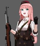  1girl absurdres aqua_eyes belt black_gloves buckle earrings garrison_cap girls_frontline gloves grey_background gun hammer_and_sickle hat highres holding holding_gun holding_weapon jewelry long_hair looking_at_viewer open_mouth pink_hair pouch rampart1028 rifle simonov_(girls&#039;_frontline) sks smile solo star_(symbol) star_earrings upper_body weapon 