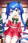 1girl blue_hair christmas hair_ornament kkachi my_love_tiger sitting_on_object twintails