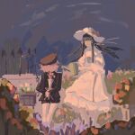  1boy 1girl black_hair black_headwear black_jacket black_shorts black_sleeves blue_sky blunt_bangs bouquet bow character_request chinese_commentary collared_dress commentary_request copyright_request dress faceless faceless_female feet_out_of_frame flower frilled_bow frilled_dress frills from_behind garden hat hat_bow highres holding holding_behind_back holding_bouquet holding_watering_can jacket long_hair long_sleeves medium_dress military_hat pink_bow pink_flower pink_ribbon purple_hair ribbon rose_bush short_hair shorts single_shoulder_pad single_sidelock sky sleeves_past_elbows sola0316 watering_can white_dress white_headwear white_sleeves 