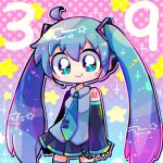  1girl 39 ahoge aqua_eyes aqua_necktie aqua_trim arm_tattoo black_skirt black_sleeves blue_background blue_hair chibi chromatic_aberration collared_shirt commentary detached_sleeves gradient_background gradient_hair grey_shirt hair_between_eyes hatsune_miku long_hair long_sleeves looking_at_viewer multicolored_hair necktie number_tattoo outline pepoyo pink_background polka_dot polka_dot_background purple_hair shirt skirt sleeveless sleeveless_shirt sleeves_past_wrists smile solo tattoo thigh-highs twintails vocaloid white_outline 
