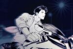  168broccoli 1boy blue_theme cowboy_shot driving highres lamppost loose_hair_strand male_focus mito_youhei monochrome motor_vehicle motorcycle night on_motorcycle outdoors pompadour slam_dunk_(series) solo 