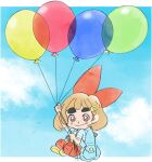  1girl backpack bag balloon blue_sky bow brown_hair child clouds hair_bow hair_ornament hairclip looking_at_viewer lowres lulu_(warioware) official_art pants red_bow red_pants sky smile takeuchi_kou thick_eyebrows third-party_source warioware warioware:_get_it_together! yellow_footwear 