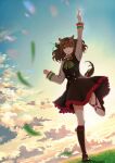  1girl absurdres animal_ears arm_up black_dress blurry blurry_foreground boots bow bowtie brown_eyes brown_footwear brown_hair buttons closed_mouth clouds dress ear_covers falling_leaves field frilled_dress frills full_body grass green_bow green_bowtie heel_up highres himmel_gewalt holding holding_trophy horizon horse_ears horse_girl horse_tail leaf long_sleeves looking_at_viewer medium_hair nice_nature_(umamusume) o-ring outdoors red_bow red_bowtie shirt sky smile standing standing_on_one_leg sunlight sunset tail tail_raised trophy twintails two-tone_bowtie umamusume white_shirt 
