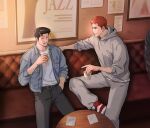  2boys black_hair booth_seating cup feet_out_of_frame hand_in_pocket holding holding_cup indoors looking_at_another male_focus mito_youhei multiple_boys nongnol234 pompadour redhead round_table sakuragi_hanamichi sitting slam_dunk_(series) smile table 
