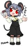  1girl :d animal_ear_fluff animal_ears black_footwear black_skirt black_vest blush candy chocolate chocolate_bar commentary_request cookie_(touhou) dated flat_chest food full_body grey_hair holding holding_chocolate holding_food jewelry long_sleeves looking_at_viewer medium_bangs mouse_ears mouse_girl mouse_tail nazrin nyon_(cookie) open_mouth pendant pigeon-toed red_eyes shirt shoes short_hair simple_background skirt smile socks solo standing tail tetugakuzonbi touhou vest white_background white_shirt white_socks 