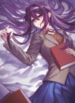  1girl bed_sheet blue_skirt book bow bowtie breasts brown_jacket brown_sweater_vest commentary cowboy_shot doki_doki_literature_club expressionless from_above hair_intakes hair_spread_out highres holding holding_book holding_hair jacket large_breasts light_frown looking_afar looking_to_the_side loose_hair_strand lying mutchang043 neck_ribbon on_back on_bed playing_with_own_hair pleated_skirt purple_hair red_bow red_bowtie red_ribbon ribbon school_uniform shirt skirt solo sweater_vest violet_eyes white_shirt yuri_(doki_doki_literature_club) 
