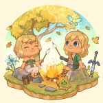  1boy 1girl ^_^ archaic_set_(zelda) arm_support armlet artist_name belt blonde_hair blue_eyes blue_flower blue_sky blush border bracelet braid brown_belt brown_footwear bud campfire chibi circlet circular_border closed_eyes closed_mouth commentary constellation crown_braid dress earrings english_commentary facial_mark fairy falling_leaves fire flower food gladiator_sandals gradient_sky grass green_dress green_sky green_tunic hair_ornament hairclip hand_up happy highres holding holding_stick jewelry korok kurain_villager leaf link looking_at_another magatama magatama_necklace marshmallow master_sword medium_hair necklace oak_leaf ophiuchus_(constellation) parted_bangs phoenix_(constellation) planted planted_sword pointy_ears princess_zelda rock sandals serpens_caput_(constellation) sheikah_slate short_hair sidelocks silent_princess single_braid sitting sitting_on_rock sitting_on_tree_stump sky smile smoke star_(symbol) stick strapless strapless_dress sword tattoo teardrop_facial_mark the_legend_of_zelda the_legend_of_zelda:_tears_of_the_kingdom tree tree_stump tunic twitter_username weapon white_dress yellow_border 