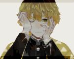  1boy agatsuma_zenitsu blonde_hair crying crying_with_eyes_open gakuran hand_up highres kimetsu_no_yaiba male_focus one_eye_closed school_uniform short_hair simple_background solo streaming_tears tears tunena_mi upper_body white_background yellow_eyes 