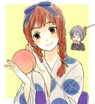  1boy 1girl braid brown_eyes brown_hair fire_emblem food fruit holding holding_food holding_fruit japanese_clothes minamoto_mamori peach saichi_(meme+) tokyo_mirage_sessions_fe twin_braids 