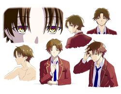  1boy advanced_nurturing_high_school_uniform ayanokouji_kiyotaka bare_shoulders blue_necktie brown_hair collarbone collared_shirt hand_on_own_head long_sleeves necktie school_uniform shirt short_hair toha upper_body white_background yellow_eyes youkoso_jitsuryoku_shijou_shugi_no_kyoushitsu_e 