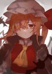  1girl absurdres ascot blonde_hair flandre_scarlet hair_over_one_eye hat hat_ribbon highres mob_cap pointy_ears red_eyes red_ribbon ribbon simple_background solo touhou upper_body user_pxaw4585 white_background yellow_ascot 