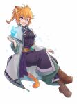  1girl alternate_costume animal_ears braid cat_ears cat_girl cat_tail commission facepaint fang fire_emblem fire_emblem:_path_of_radiance fire_emblem:_radiant_dawn gem highres ice lyre_(fire_emblem) messy_hair open_mouth orange_hair sitting smile solo tail violet_eyes white_background witchi 