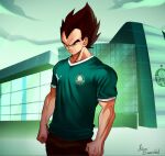  1boy alternate_costume black_eyes brazil brown_hair closed_mouth dragon_ball dragon_ball_z filipeemerson3 green_background green_cloud green_shirt green_sky looking_at_viewer pants puma_(brand) se_palmeiras shirt soccer soccer_uniform solo sportswear vegeta widow&#039;s_peak 