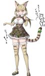  1girl absurdres animal_ears belt camouflage cat_ears cat_girl cat_tail elbow_gloves extra_ears fingerless_gloves full_body gakukuru gloves green_eyes grey_hair highres jacket jungle_cat_(kemono_friends) kemono_friends kemono_friends_v_project long_hair looking_at_viewer microphone ribbon shirt shoes simple_background skirt solo tail thigh-highs twintails virtual_youtuber 