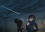 1girl black_hair blue_jacket blush breath camera closed_mouth clouds commentary_request grass hair_between_eyes inami_hatoko jacket long_sleeves night night_sky original outdoors power_lines shooting_star sidelocks sky solo steam thermos transmission_tower tripod violet_eyes 
