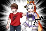  1boy 1girl absurdres animal_ears aramori_susumu bow faceless highres horse_ears horse_girl ikezoe_ken&#039;ichi long_hair mask one_eye_covered orange_hair orfevre_(umamusume) photo-referenced real_life red_shirt school_uniform shirt short_hair tracen_school_uniform umamusume white_hair 