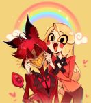  1boy 1girl alastor_(hazbin_hotel) black_eyes blonde_hair charlie_morningstar colored_sclera commentary_request fleshbd99 formal grin hands_on_another&#039;s_cheeks hands_on_another&#039;s_face hazbin_hotel highres long_hair monocle open_mouth rainbow red_eyes red_sclera redhead sharp_teeth short_hair smile suit teeth yellow_background yellow_sclera yellow_teeth 