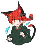  1girl animal_ears blush bow braid cat_ears cat_girl cat_tail commentary fang green_shirt hair_bow highres ini_(inunabe00) kaenbyou_rin long_sleeves medium_hair nekomata open_mouth pointy_ears puffy_sleeves red_eyes redhead shirt simple_background smile solo tail touhou twin_braids upper_body white_background 