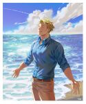  1boy beach belt blonde_hair blue_shirt brown_belt closed_eyes clouds collared_shirt commentary grey_pants highres jujutsu_kaisen male_focus nanami_kento ocean outdoors outstretched_arms pants parted_lips sand shirt short_hair smile solo standing teeth todo269 upper_teeth_only 