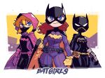  3girls absurdres animification barbara_gordon batgirl batman_(series) belt black_cape blonde_hair blue_eyes bodysuit boots breasts cape cassandra_cain clenched_hand clenched_hands closed_mouth dc_comics emblem flat_color frown full_body gloves highres hood hooded_cape long_hair looking_at_viewer mask midair multiple_girls purple_cape purple_gloves rariatto_(ganguri) redhead solo spoiler_(dc) stephanie_brown superhero twitter_username utility_belt yellow_background 