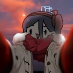  1girl aris_(blue_archive) black_hair blue_archive blue_halo chibi commentary_request fur-trimmed_jacket fur_trim hair_between_eyes halo jacket korean_commentary long_hair long_sleeves looking_at_viewer meme mittens pov_cheek_warming_(meme) red_mittens red_scarf scarf sechi_(sechihyeo) solo triangle_mouth upper_body winter_clothes 