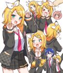  &gt;_&lt; 2boys 2girls ? absurdres black_choker blonde_hair blue_eyes blue_hair blush bow chasing choker claw_pose closed_eyes collared_shirt dark_blue_hair green_eyes hair_between_eyes hair_bow hairband happy headpat highres holding_another&#039;s_arm hood hoodie kagamine_len kagamine_rin kaito_(vocaloid) leo/need_kaito leo/need_len leo/need_rin looking_at_another looking_at_viewer looking_to_the_side mirumiru_(miru36i) mochizuki_honami multiple_boys multiple_girls multiple_hairpins necktie nervous_sweating open_clothes open_hoodie open_mouth outline pink_necktie pleated_skirt project_sekai shirt short_hair skirt speech_bubble sweat sweatdrop upper_body vocaloid white_background white_outline white_shirt wide-eyed 