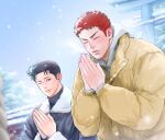  2boys black_hair closed_eyes coat cold day looking_at_another male_focus mito_youhei multiple_boys nongnol234 one_eye_closed outdoors own_hands_together pompadour praying redhead sakuragi_hanamichi short_hair shrine slam_dunk_(series) snow snowing upper_body winter winter_clothes winter_coat 