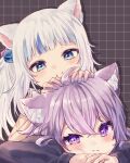 2girls absurdres animal_ear_fluff animal_ears blue_eyes blue_hair blue_nails blush cat_ears cat_girl cube_hair_ornament gawr_gura gawr_gura_(casual) hair_ornament hand_on_another&#039;s_head highres hololive hololive_english hood hoodie looking_at_viewer medium_hair multicolored_hair multiple_girls nail_polish nekomata_okayu nekomata_okayu_(1st_costume) official_alternate_costume purple_hair purple_hoodie shirt side_ponytail smile streaked_hair violet_eyes virtual_youtuber white_hair white_shirt wsakuraw 