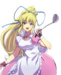  1girl apron blonde_hair blue_eyes breasts dress fingerless_gloves gloves hair_ribbon holding holding_ladle ladle lilith_aileron long_hair looking_at_viewer murata_tefu open_mouth ponytail ribbon simple_background smile solo tales_of_(series) tales_of_destiny teeth upper_teeth_only white_background 