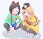  2girls :d asuka_ruu baseball_cap black_hair black_headwear black_pantyhose blonde_hair blue_eyes blue_shorts bow candy closed_mouth commentary_request food fudou_devi full_body green_sweater grey_background hair_bow hat holding holding_candy holding_food holding_lollipop holding_phone hood hood_down hoodie kiratto_pri_chan lollipop long_hair long_sleeves looking_at_viewer multiple_girls open_mouth pantyhose pantyhose_under_shorts phone pretty_series red_bow shoes short_hair shorts simple_background smile sneakers squatting suspender_shorts suspenders sweater swept_bangs terayamaden tongue tongue_out v-shaped_eyebrows violet_eyes white_footwear yellow_hoodie 
