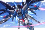  beam_rifle beam_saber blue_eyes blue_sky clouds daue dual_wielding energy_gun exhaust eye_trail flying full_body glowing glowing_eye gun gundam gundam_seed gundam_seed_freedom highres holding holding_gun holding_sword holding_weapon insignia laser letterboxed light_trail looking_ahead mecha mechanical_wings mobile_suit motion_blur no_humans outside_border outstretched_arms rising_freedom_gundam robot science_fiction signature sky solo spread_arms sword v-fin weapon wings 