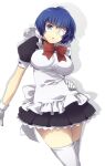  1girl beach blue_eyes blue_hair bow breasts eyepatch gloves ikkitousen large_breasts looking_at_viewer maid medical_eyepatch murata_tefu open_mouth ryomou_shimei short_hair simple_background solo standing thigh-highs white_background white_gloves white_thighhighs 