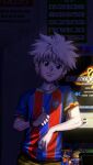  1boy arcade_cabinet blue_eyes brazil closed_mouth colored_skin ec_bahia filipeemerson3 hunter_x_hunter killua_zoldyck portuguese_text smile soccer_uniform solo sportswear standing the_king_of_fighters white_hair white_skin 