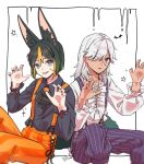  2boys animal_ear_fluff animal_ears ascot bat_(animal) black_ascot black_hair black_nails blunt_ends border brooch brown_eyes claw_pose collared_shirt commentary cross-laced_clothes cross-laced_pants cross-laced_top cyno_(genshin_impact) dark-skinned_male dark_skin fingernails fox_boy fox_ears fox_tail frilled_shirt frilled_sleeves frills genshin_impact gradient_hair green_eyes green_hair grey_shirt grin hair_between_eyes hair_over_one_eye halloween_costume hands_up highres jewelry long_hair long_sleeves looking_at_viewer male_focus multicolored_eyes multicolored_hair multiple_boys nail_polish orange_hair orange_pants outside_border pants parted_bangs parted_lips pumpkin_brooch purple_pants red_eyes scar scar_on_cheek scar_on_face shirt short_hair simple_background sitting smile sparkle star_(symbol) stitched_face stitches streaked_hair striped_clothes striped_pants suspenders swept_bangs symbol-only_commentary tail teeth tighnari_(genshin_impact) vertical-striped_clothes vertical-striped_pants white_background white_border white_hair white_shirt wing_collar yoneya_(ocome_otabe) 