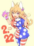  1girl :d ahoge american_flag_dress american_flag_legwear animal_ears animal_hands animal_print blonde_hair bow breasts bright_pupils cat_day cat_ears cat_girl cat_print cat_tail clownpiece colored_eyelashes commentary_request cowboy_shot crossed_bangs dated eyelashes fang gloves hair_between_eyes hair_bow hands_up highres ichizen_(o_tori) kemonomimi_mode long_hair looking_at_viewer one-hour_drawing_challenge open_mouth paw_gloves paw_pose pink_bow short_eyebrows short_sleeves simple_background single_glove skin_fang small_breasts smile solo spiky_hair tail touhou v-shaped_eyebrows violet_eyes white_pupils yellow_background 