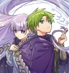  1boy 1girl absurdres blue_eyes cape closed_mouth fire_emblem fire_emblem:_the_binding_blade green_hair highres holding_another&#039;s_hair juria0801 long_hair long_sleeves looking_at_viewer purple_cape purple_hair raigh_(fire_emblem) short_hair sophia_(fire_emblem) twitter_username upper_body very_long_hair violet_eyes white_background 