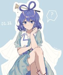  1girl ? blue_dress blue_eyes blue_hair crossed_legs dated dress drill_hair frilled_dress frills hagoromo hair_ornament hair_rings hair_stick hat_ornament highres kaku_seiga kalmeyaki looking_at_viewer puffy_short_sleeves puffy_sleeves shawl short_sleeves solo touhou vest white_vest 