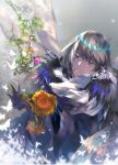 1boy blanca_(fate) blue_eyes border bug butterfly diamond_hairband fate/grand_order fate_(series) flower grey_background grey_hair holding holding_flower insect_wings kotobuki_toro looking_at_flowers male_focus oberon_(third_ascension)_(fate) parted_lips pink_flower short_hair solo thistle white_border white_butterfly wings yellow_flower 