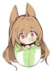  1girl absurdres animal_ears arknights brown_hair cabbage ceobe_(arknights) chibi commentary_request dog_ears eating food_in_mouth hair_between_eyes highres kinbakuman long_hair red_eyes solo white_background 