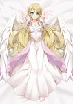  1girl absurdres angel_wings bad_source barefoot bed blonde_hair chrita dress feathered_wings fire_emblem fire_emblem:_path_of_radiance fire_emblem:_radiant_dawn green_eyes highres leanne_(fire_emblem) long_hair looking_at_viewer lying on_back on_bed reaching reaching_towards_viewer smile solo white_background white_dress white_wings wings 